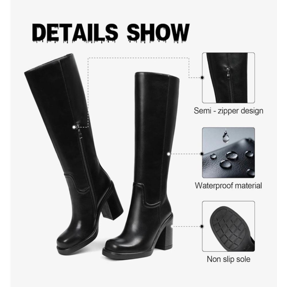 NEW Platform Wide Calf Tall Vegan Leather square toe Knee High Boots 7.5 - Picture 6 of 7